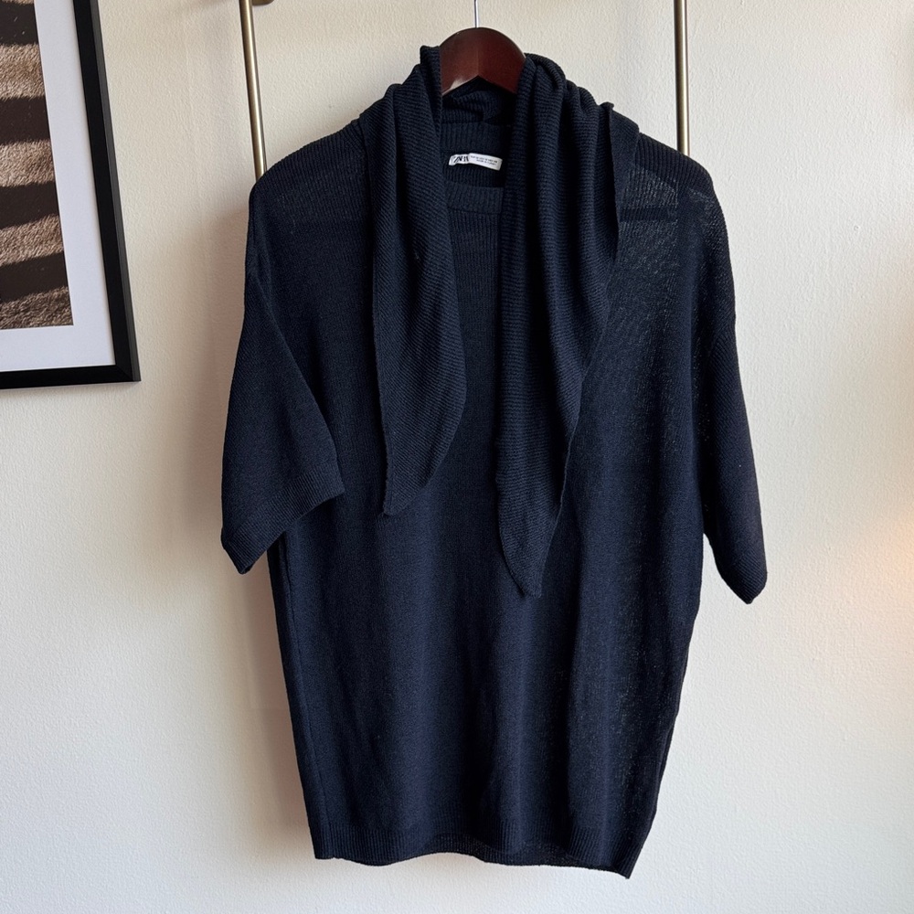 🎈NWT🎈 ZARA 🎈 SHORT SLEEVE KNIT SWEATER WITH ACCENT COLLAR🎈NAVY 🎈 MEDIUM